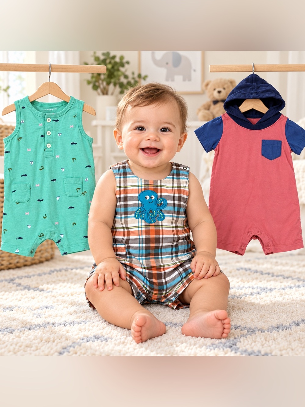 Carter’s Baby Boy 9M Romper Lot of 3 Plaid Octopus Nautical Hooded Outfits